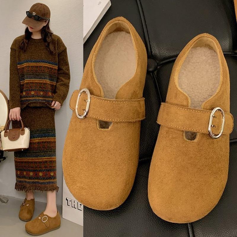 Retro suede single shoes women's winter new soft-soled flat bottom with skirt Doudou shoes Mary Jane
