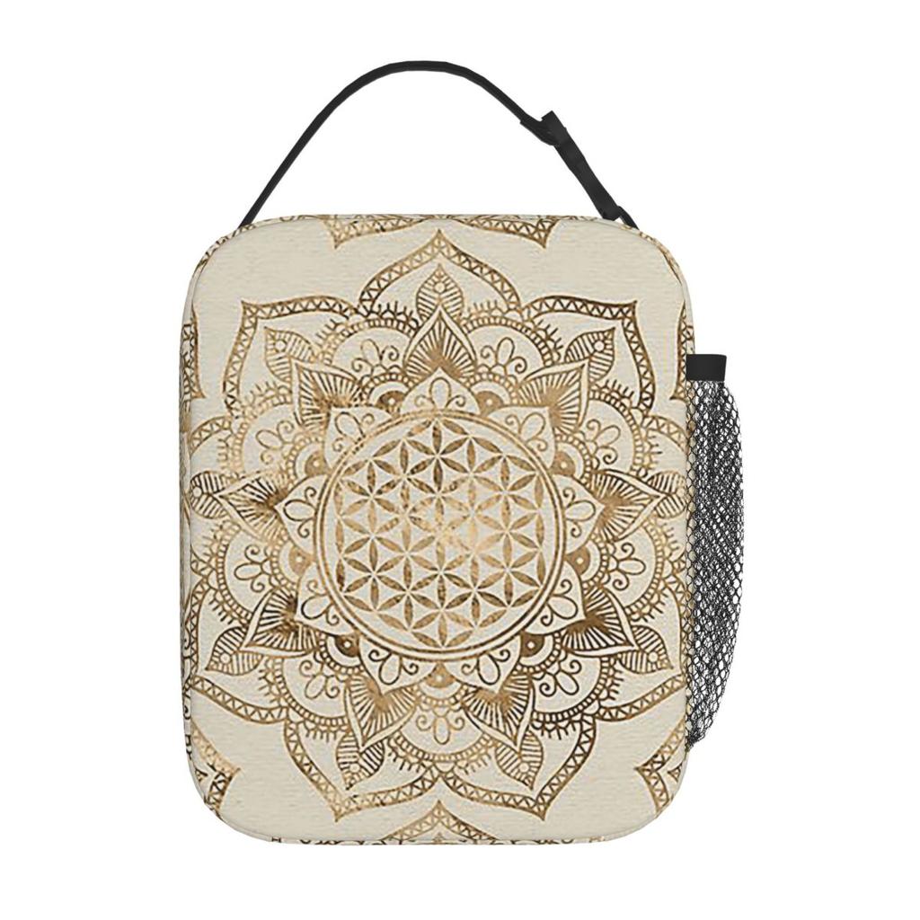 Flower Of Life In Lotus - Pastel Golds And Canv Insulated Lunch Bag for Women Kids Portable Food Boxes Thermal Lunch Box Tote