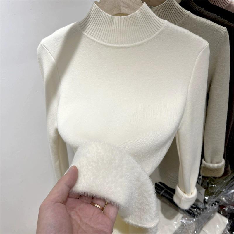 Herbst- und Winter-Halbrollkragenpullover Damen verdickt integriertes Fleece warmes Innenoberteil einfaches einfarbiges gestricktes Unterhemd