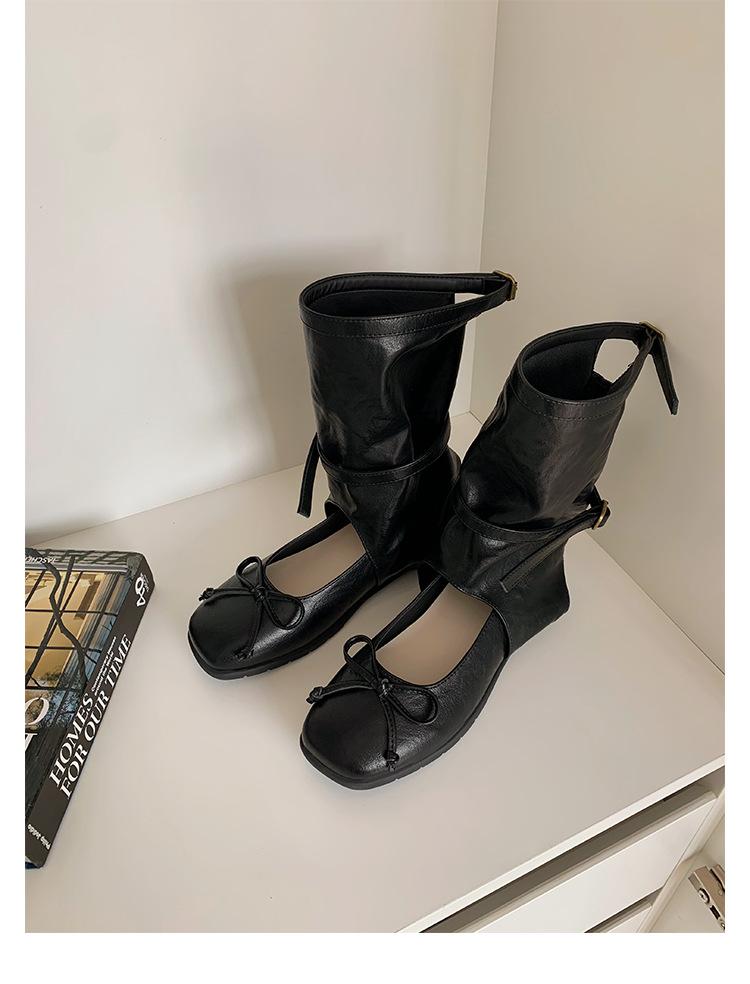 Lambskin heightening 5cm Maillard boots design sense round head bow cool boots ballet single shoes knight boots