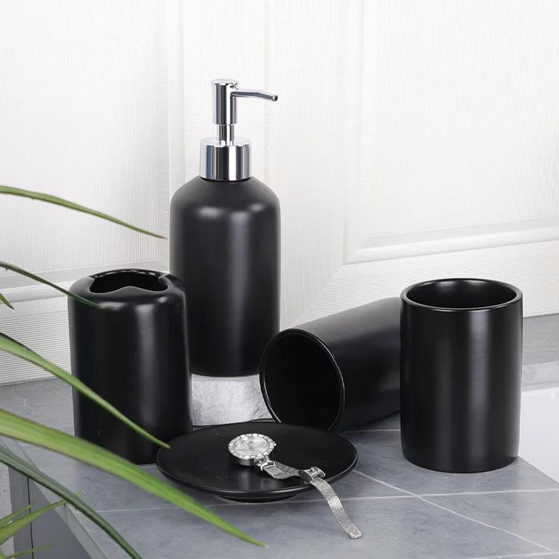 Bathroom Accessory Black with Toothbrush Holder Toothbrush Cup Tumbler Soap Dispenser Soap Dish and Tray