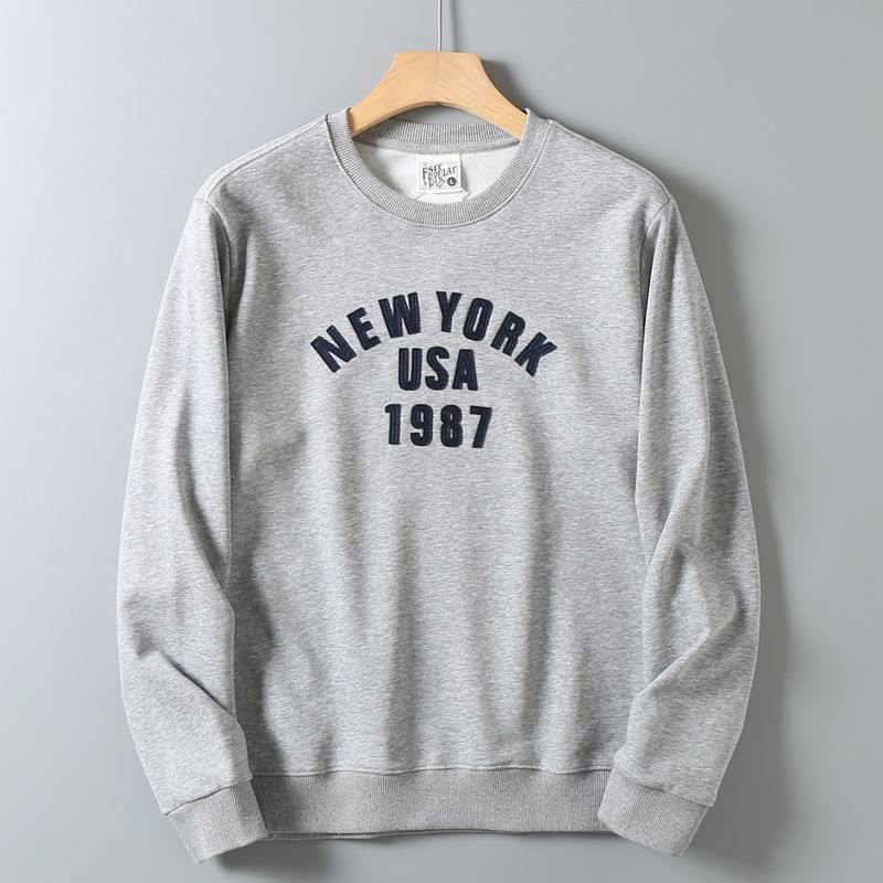 Export Surplus American Retro Solid Color Patchwork Embroidered Versatile Skin-Friendly Loose Round Neck Long Sleeve Pullover Sweatshirt for Men