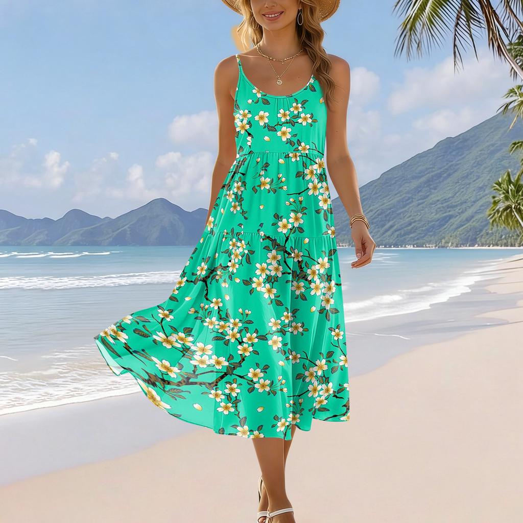 Women Bohemian Floral Print Sleeveless Adjustable Strap Pocket Midi Dress for Summer Beach Holiday Casual Wear