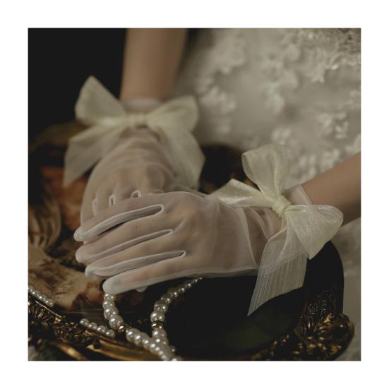 Satin Bride Gloves Short Tulle Wedding Gloves Sheer Wrist Gloves with Bow Faux Pearls for Prom Evening Opera Tea Party
