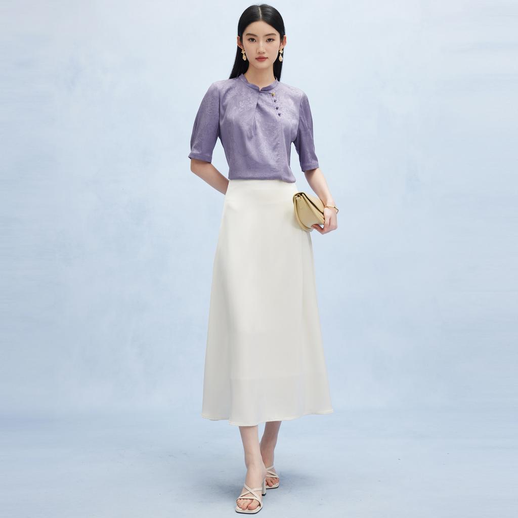 [Chinese Style Dark Pattern Jacquard] Spring and Summer Stand Up Collar Buckle New Chinese Heavyweight Mulberry Silk Short Sleeved Shirt for Women
