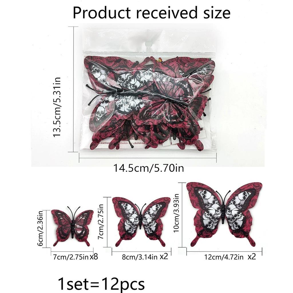 12pcs Halloween Butterfly Wall Sticker with Skull Design 3D Wall Butterfly Decorations Halloween Decor Room Stickers Butterfly Baby Shower Decorations