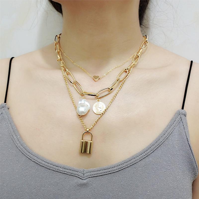 Fashion Chain Pearl Necklace For Women Baroque Pearl Metal Charm Pendant Necklaces Choker Snake Chain Zircon Gold Copper Color