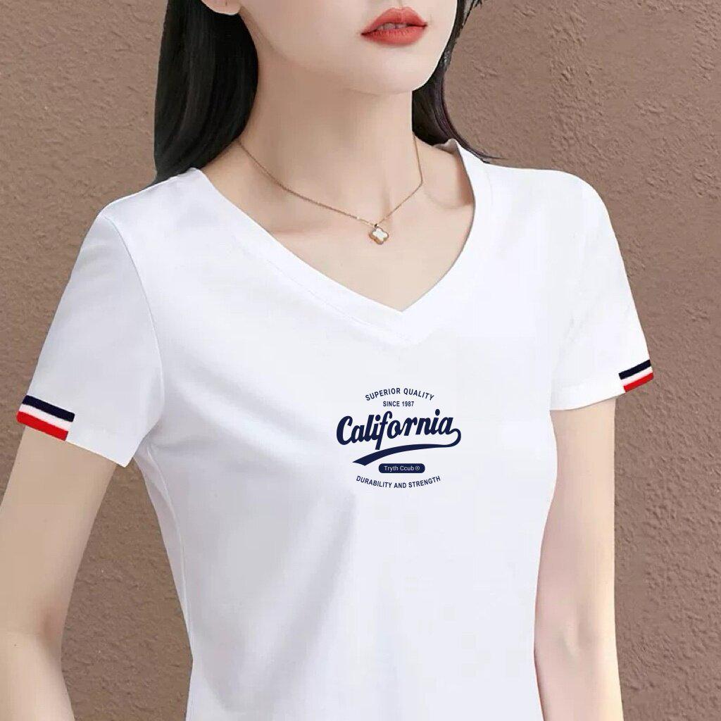 

Women s Casual White V-Neck Tee: Popular Mom Style, Letter Print, Contrast Cuffs, Short Sleeve 2XL
