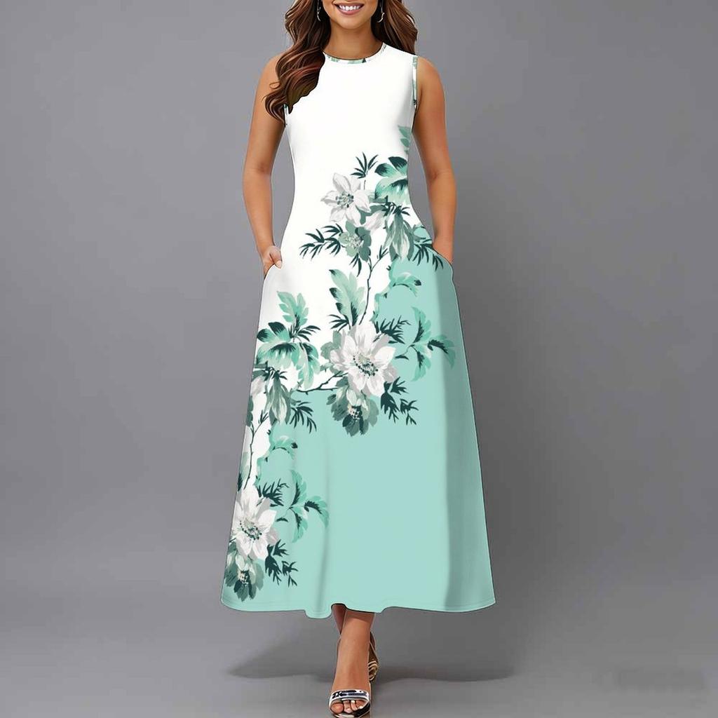 Women Plus Size Sleeveless Round Neck Dress Big Floral Printed Loose Flowy Mid Calf Dress