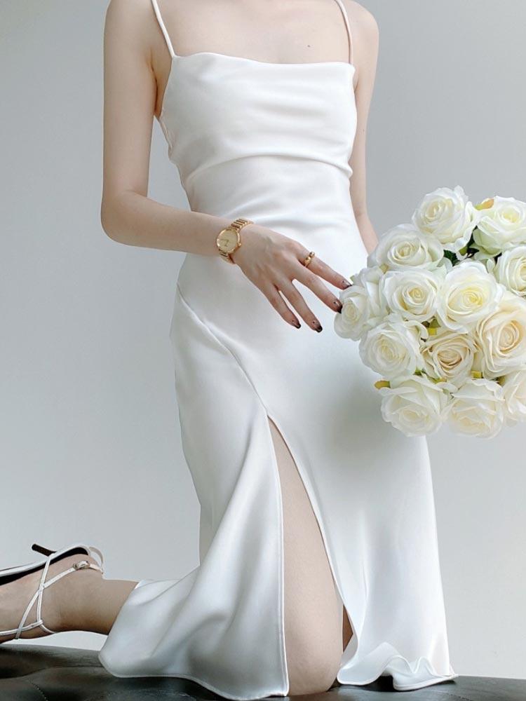 Satin Suspender Dress for Women Summer Sexy Club Party Evening Dress Elegant Fashion Female Clothing White Black