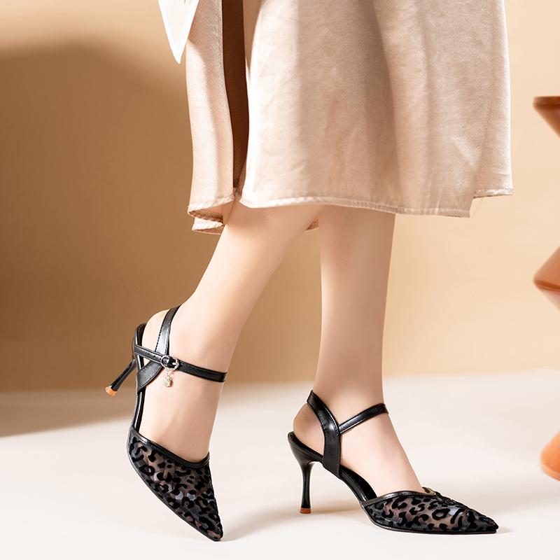Fashion Lace Mesh Stiletto Sandals Women's Fashion Pointy, Shallow Mouth Breathable Metal One-button Non-slip Heels