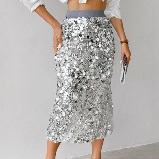 Women Skirt High Waist Sexy Hip-Hugging Sequin Glitter Skirt Solid Color Mid-calf Length Hip Wrapped Skirt Slimming Design Wedding Clubwear