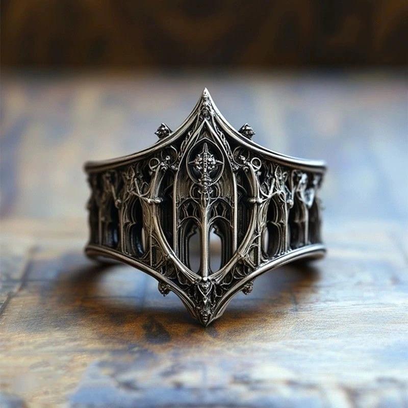 

Retro Personality Ancient Silver Color Hollowed-out Relief Crown Castle Rings for Women Men Halloween Trend Gothic Jewelry One Size