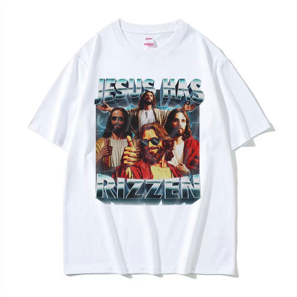 Jesus Has Rizzen Vintage 90s Graphic Tshirt Mens Women Harajuku Fashion Tshirts Comfort Cotton Oversized Tee Shirt Streetwear