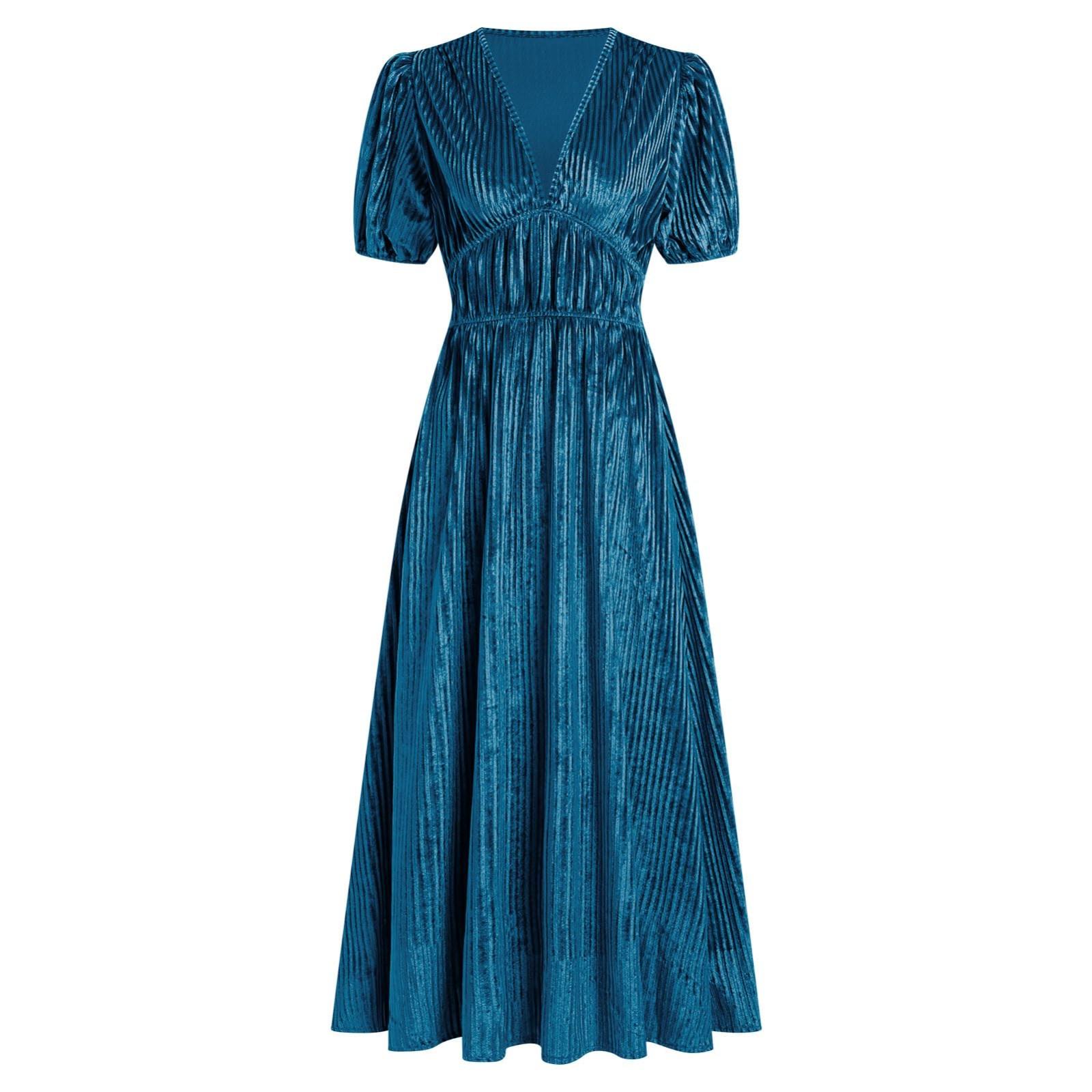 

Женское однотонное платье с коротким рукавом, сексуальное бархатное, с V-образным вырезом, вечернее платье с высокой талией L синий