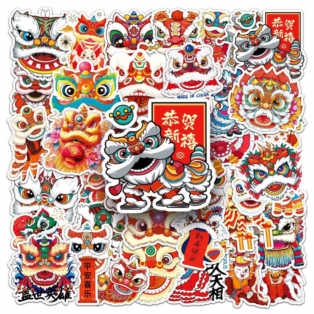 50pcs Lion Dance Chinese Style Cartoon Sticker Creative Lion Wake New Year Greeting Mobile Phone Shell Decorative Sticker