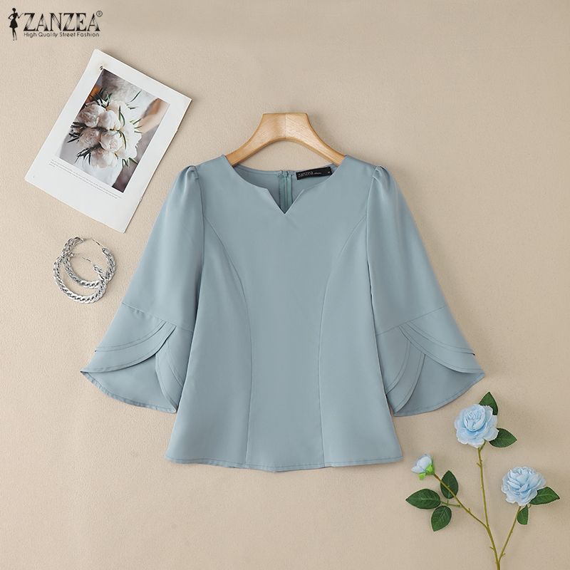 ZANZEA Blusa Elegante Casual para Mujer con Cuello en V, Color Sólido y Mangas 3/4