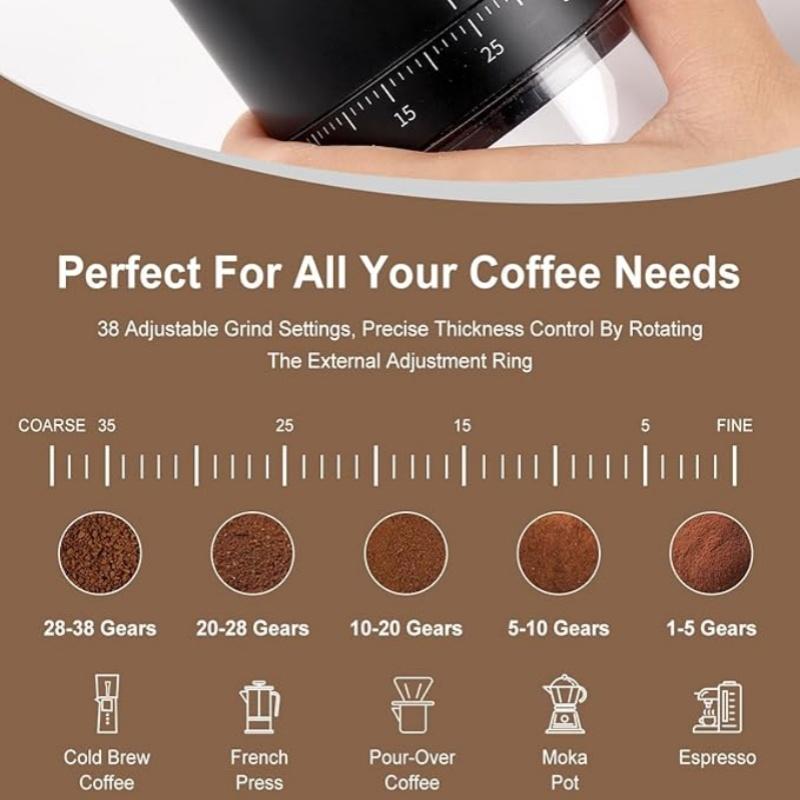 38-Grade Adjustable Electric Coffee Grinder - Ceramic Burr with One-Touch Operation, USB-C Fast Charging & Long-Lasting Battery for Espresso/Pour Over