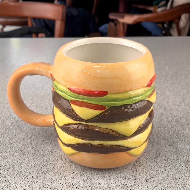 Hamburger water cup without lid, cute and cute breakfast cup, large-capacity ceramic hamburger cup, mug.