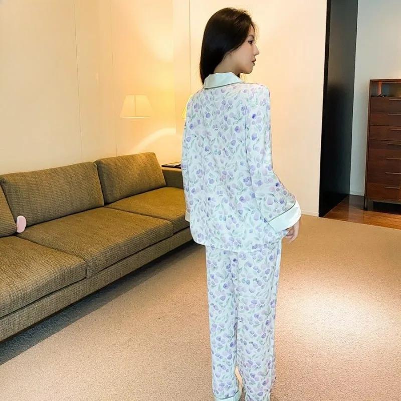 Pajamas Purple Flower Women's Long Sleeve Summer Ice Silk Spring and Autumn Pants Set Silk Home Clothes