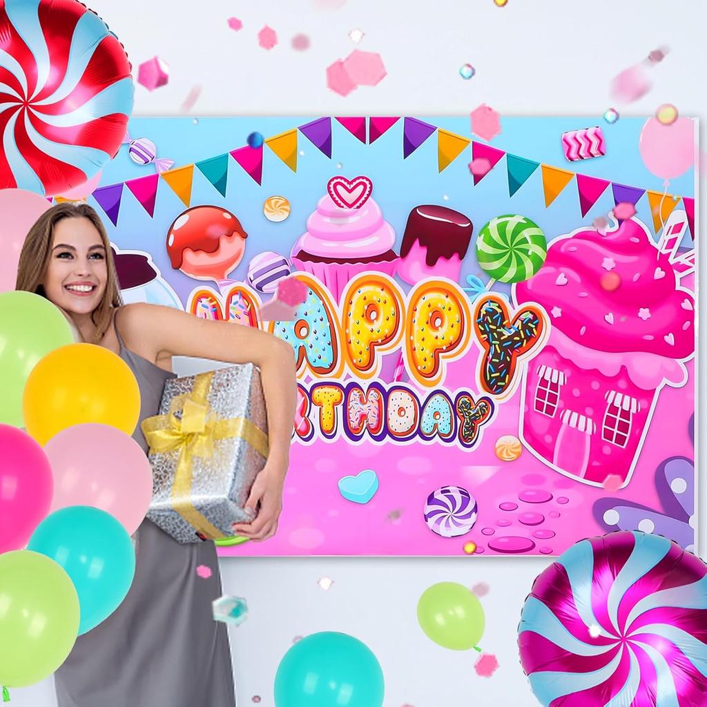 206 PCS Candyland Party Decorations, Candy Land Decoration with Candy Balloons, Lollipop Backdrop, Tablecloth, Candyland Birthday Banner, Cake
