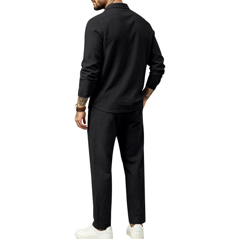 Grenzüberschreitender Herren-Leinen-Langarm-Poloshirt und Gerade Hosenanzug