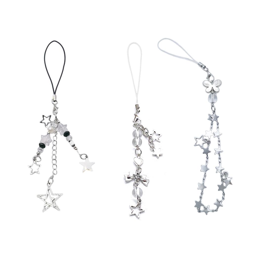 3 Pieces Alloy Phone Chain with Butterfly Star Charm Handmade Keychain Accessory Bag Pendant Decoration for Daily Use