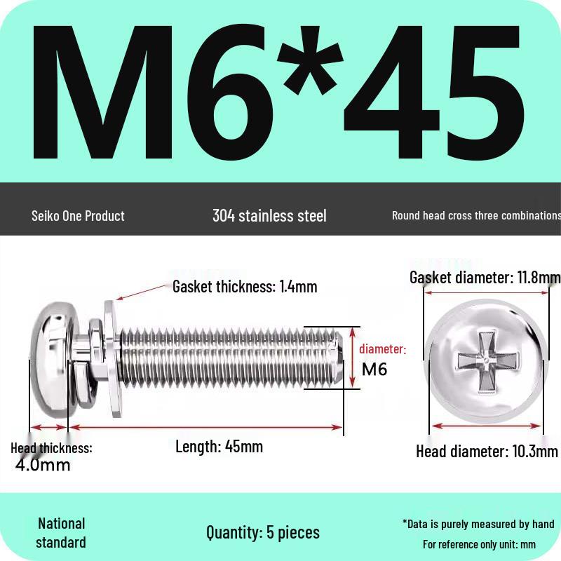 304 Stainless Steel Phillips Round Head Screw with Flat Washer M3/M4/M5/M6