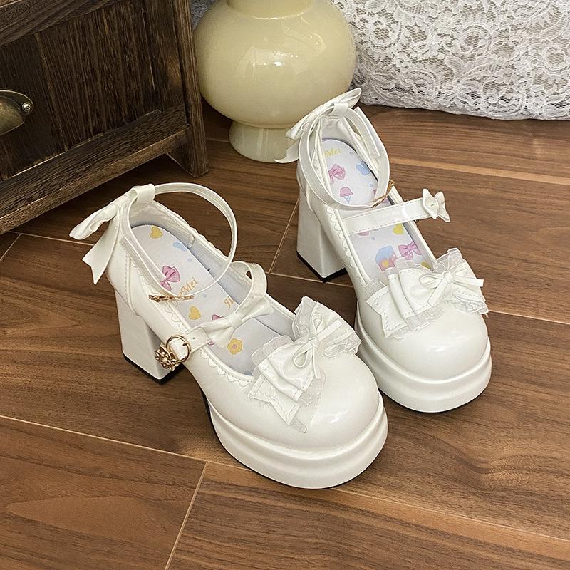 

Милые и сладкие туфли Лолиты водонепроницаемые на высоком каблуке-танкетке в японском сказочном стиле с темпераментным бантом для ношения с юбкой одинарные туфли 39 чистый белый