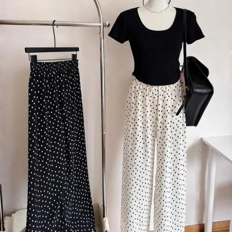 Womens Polka Dot Elastic Waist Wide Leg Pants S