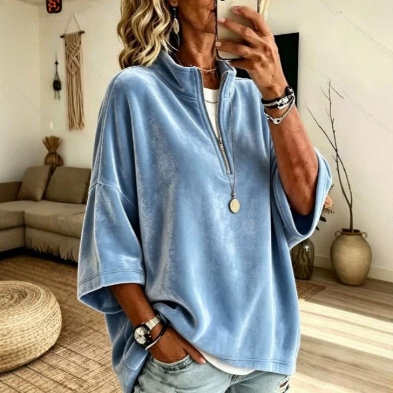 Womens Relaxed Half-Zip Fleece Pullover Sweatshirt 7/8 Sleeve Solid Color Casual Top