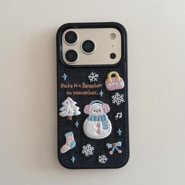 Embroidered Christmas Tree & Snowman Denim Phone Case for iPhone 16/17 Pro Max