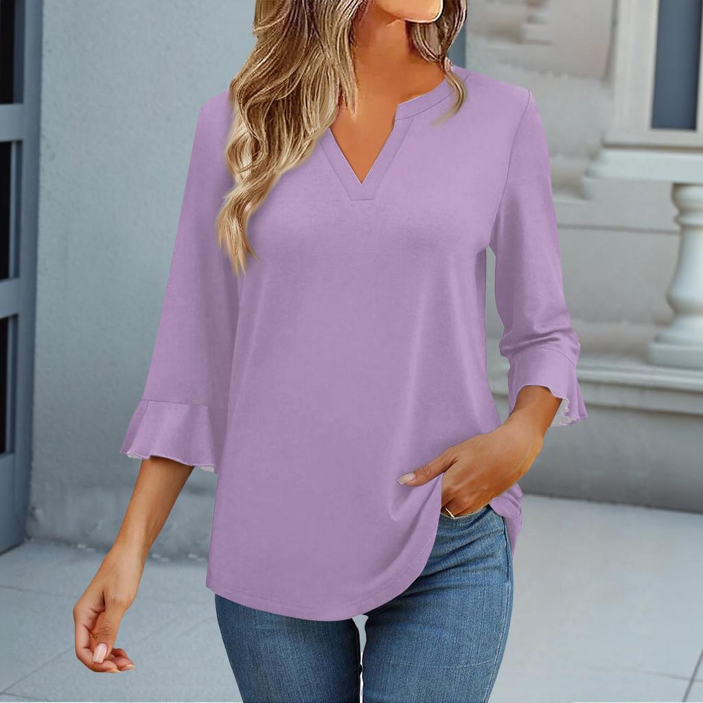 3/4 Ärmel Oberteile für Damen T-Shirt Lässig Trompetenärmel Druck Tunika V-Ausschnitt Pullover Bluse