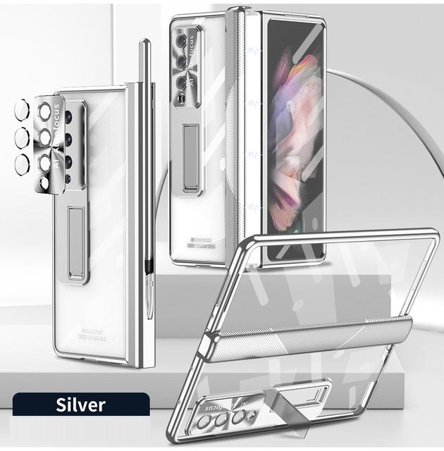 Magnetic Hinge Electroplate Frame Transparent Cover For Samsung Galaxy Z Fold 4 Case With Tempered Glass S Pen Bracket