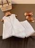 Girls' 2026 Trendy Korean-Style Chic White Cotton Hollow-Out Shorts Set