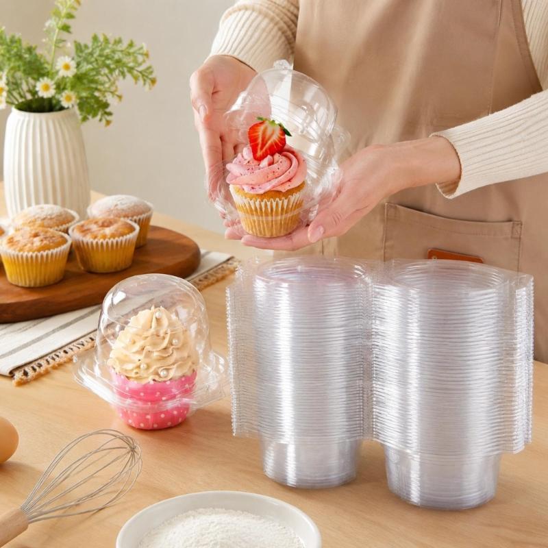 Individual Dessert Packages in Clear Plastic with Hinged Domed Covers and Fold-Over Fasteners for Takeout Display