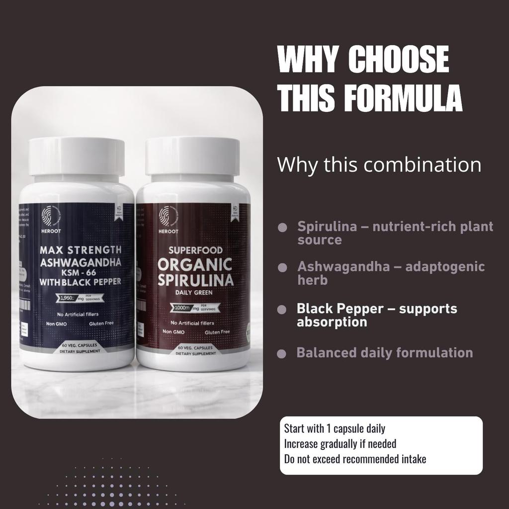 Heroot Kombinácia kapsúl pre bylinnú pohodu | Ashwagandha s čiernym korením a spirulinou