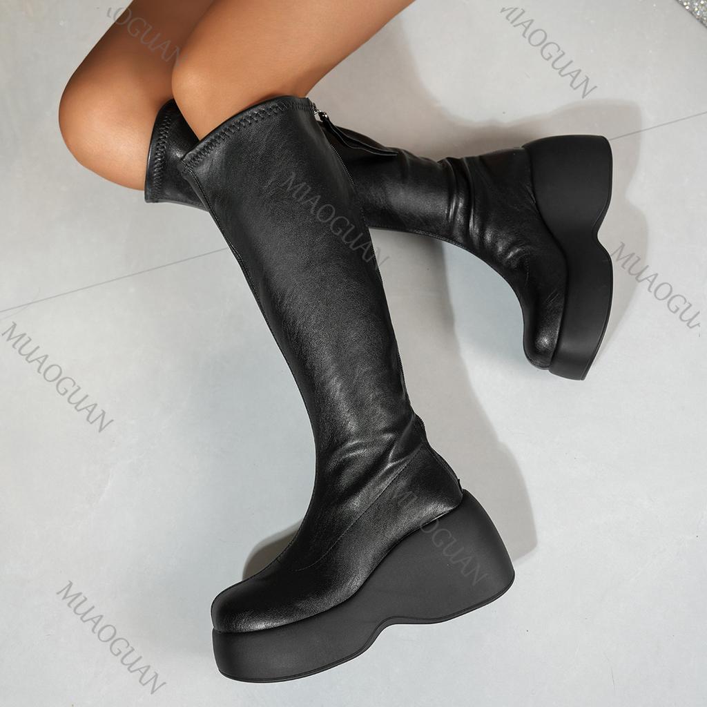 Fashion Women Black Long Boots Short Velvet Thick Bottom Autumn Winter Women's Shoes Punk Style High Heels Female Long Knee High Boots