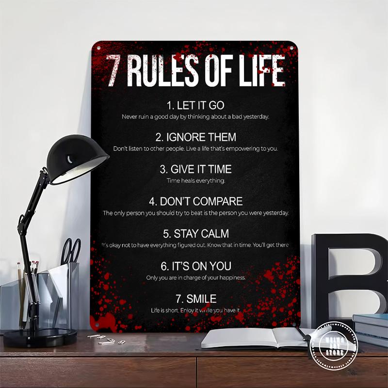 7 Rules of Life Poster Customized Wall Art Vintage Metal Signs Retro Tin Plaque for Man Cave Home and Decoration Gaming House