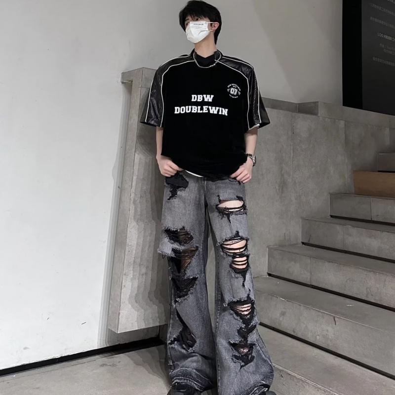 New vibe ripped wide-leg jeans for men 2026, washed and distressed straight-leg floor-length pants