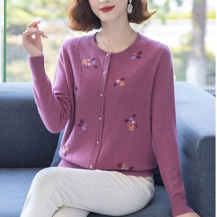 Autumn Winter Women's Wool Cardigan Round Neck Embroidered Knitted Jacket Cardigan Top