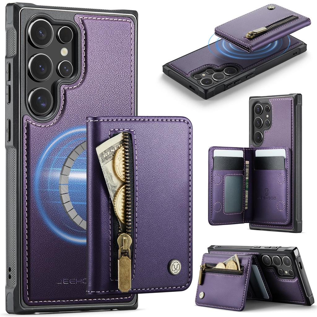 For Samsung Galaxy S26 Ultra Case JEEHOOD J12 Magnetic Detachable Zipper Wallet Kickstand Leather Back Cover Compatible with MagSafe