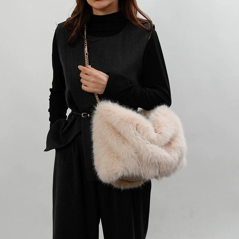 Women's Faux Fur Shoulder Bag, Large Capacity Fluffy Tote Bag with Braided Strap, Winter Warm Elegant Commuter Handbag