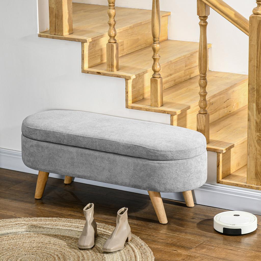 2-in-1 Fabric Storage Bed Bench, Wooden Legs, 110x40x43 cm, Light Grey