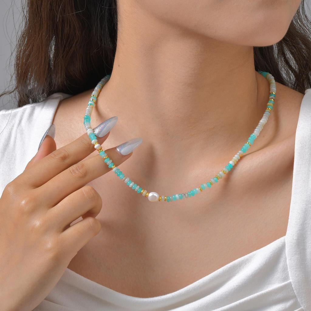 Jewelry, Stainless Steel Chain, Natural Stone Beaded Gold Necklace Ladies Nc-2296