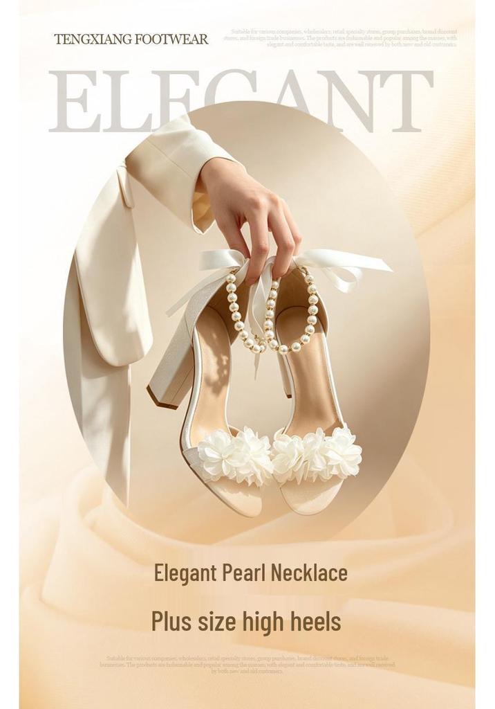 Women's Open Toe High Heel Sandals with Ribbon Pearl Chain - Plus Size Evening Summer Shoes