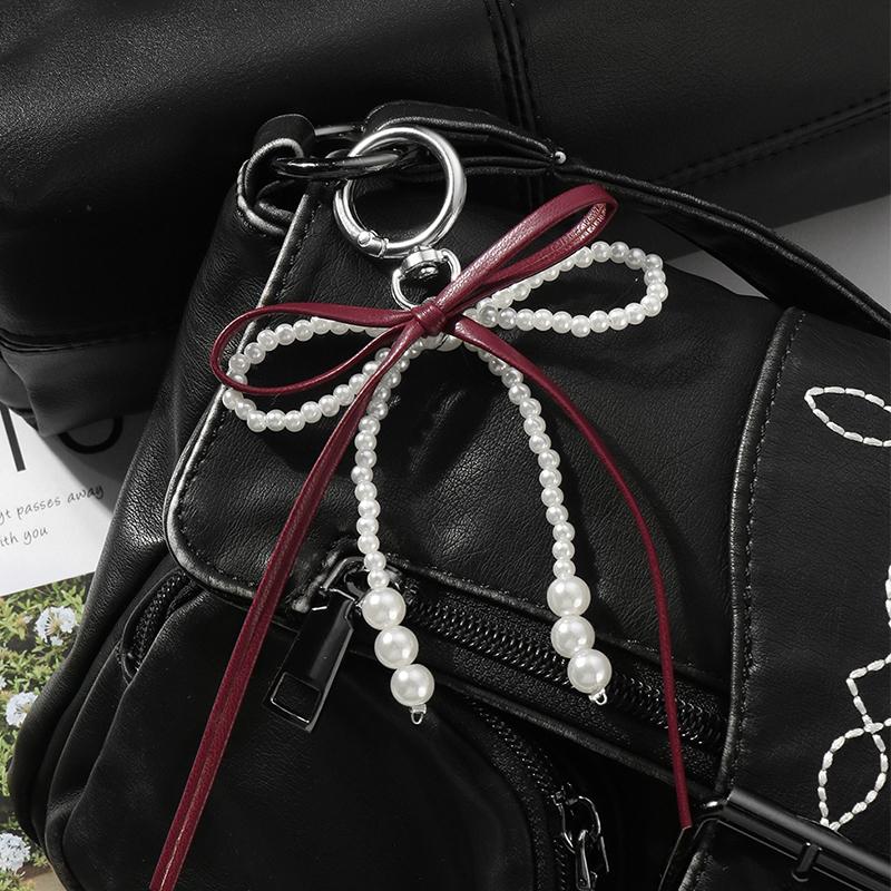 Sweet Red Cherry Pearl Keychain Ribbon Bowknot Keyring Bag Pendant Key Hanging Decoration For Best Friend Gifts