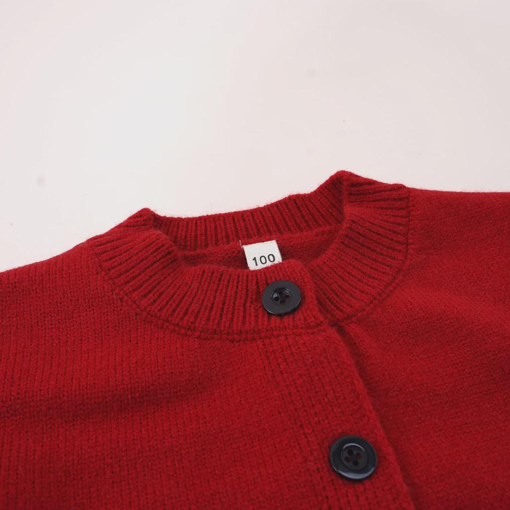 Autumn/Winter 2023 Kids' Forest Style Red Knit Cardigan – Gender-Neutral Round Neck Sweater