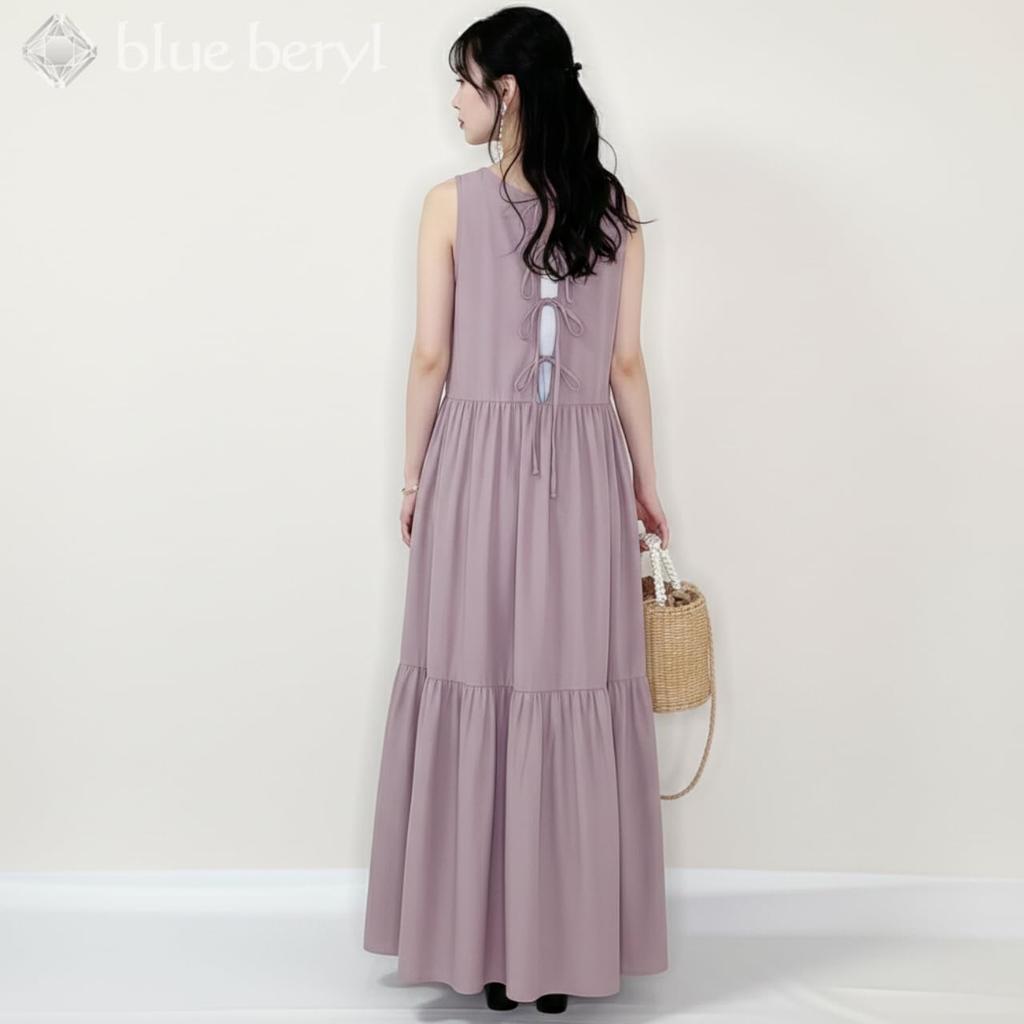 Back Ribbon Sleeveless Tiered Maxi Flare Long Purple [blue beryl] [Blue Beryl] A-line Dress, Figure-Flattering, Lightweight, Natural, Date, BB107-PU-L