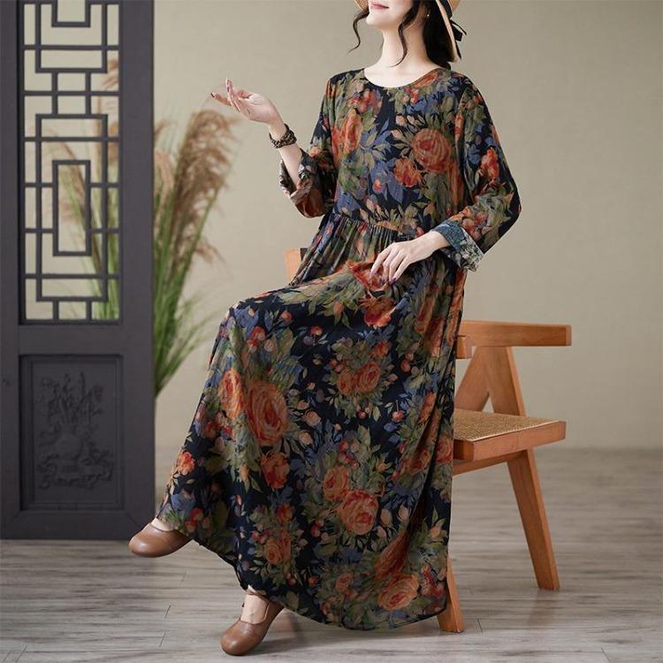 Floral Print Vintage Maxi Dress for Women Plus Size Spring Summer Loose Long Dress